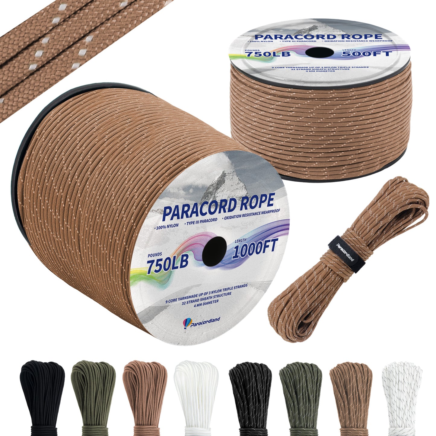 Paracordland-750LB Reflective Rope 4mm – Available in 100ft/500ft/1000ft Lengths – 9-Strand Parachute Cord Spool, Heavy-Duty Survival Rope for Outdoor Gear, Bracelet Making, Camping, Hiking & Fishing