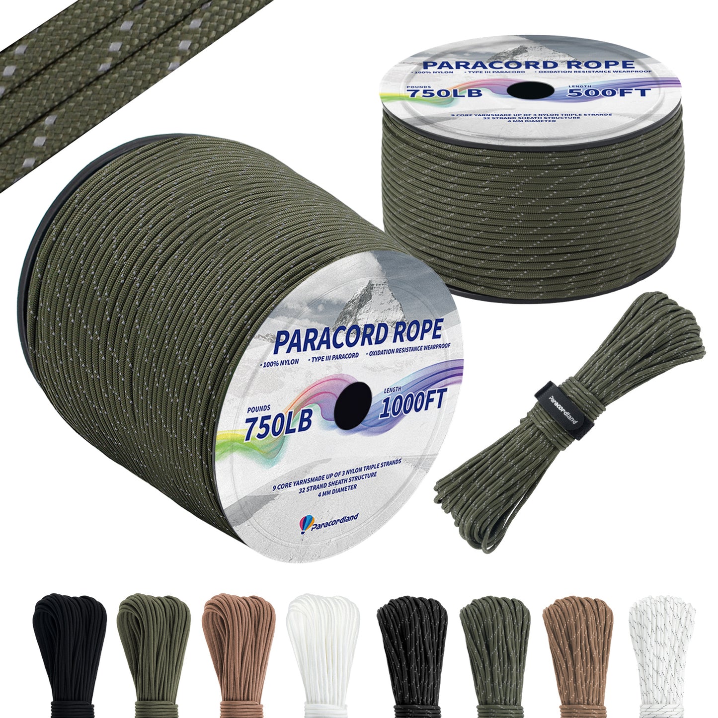 Paracordland-750LB Reflective Rope 4mm – Available in 100ft/500ft/1000ft Lengths – 9-Strand Parachute Cord Spool, Heavy-Duty Survival Rope for Outdoor Gear, Bracelet Making, Camping, Hiking & Fishing