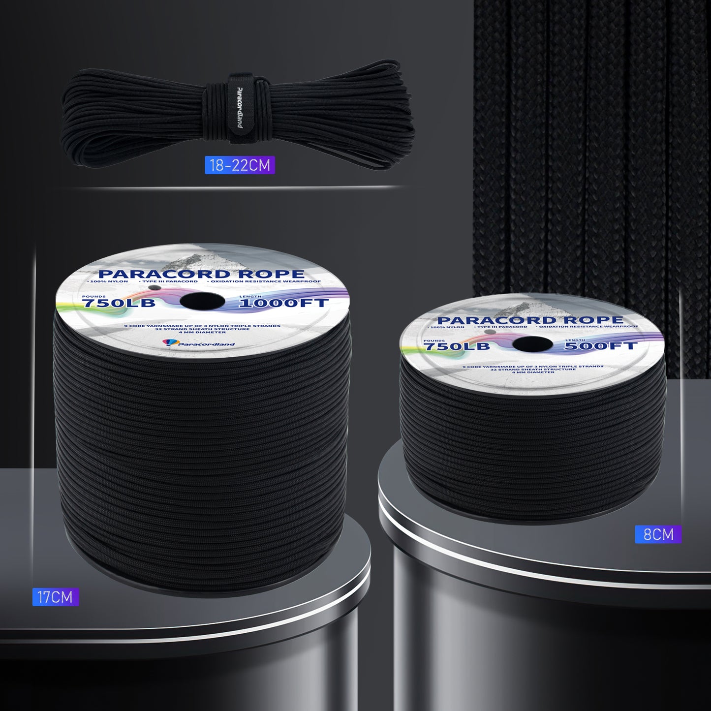 Paracordland-750LB Reflective Rope 4mm – Available in 100ft/500ft/1000ft Lengths – 9-Strand Parachute Cord Spool, Heavy-Duty Survival Rope for Outdoor Gear, Bracelet Making, Camping, Hiking & Fishing