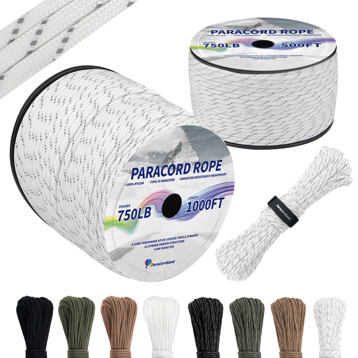 Paracordland-750LB Reflective Rope 4mm – Available in 100ft/500ft/1000ft Lengths – 9-Strand Parachute Cord Spool, Heavy-Duty Survival Rope for Outdoor Gear, Bracelet Making, Camping, Hiking & Fishing