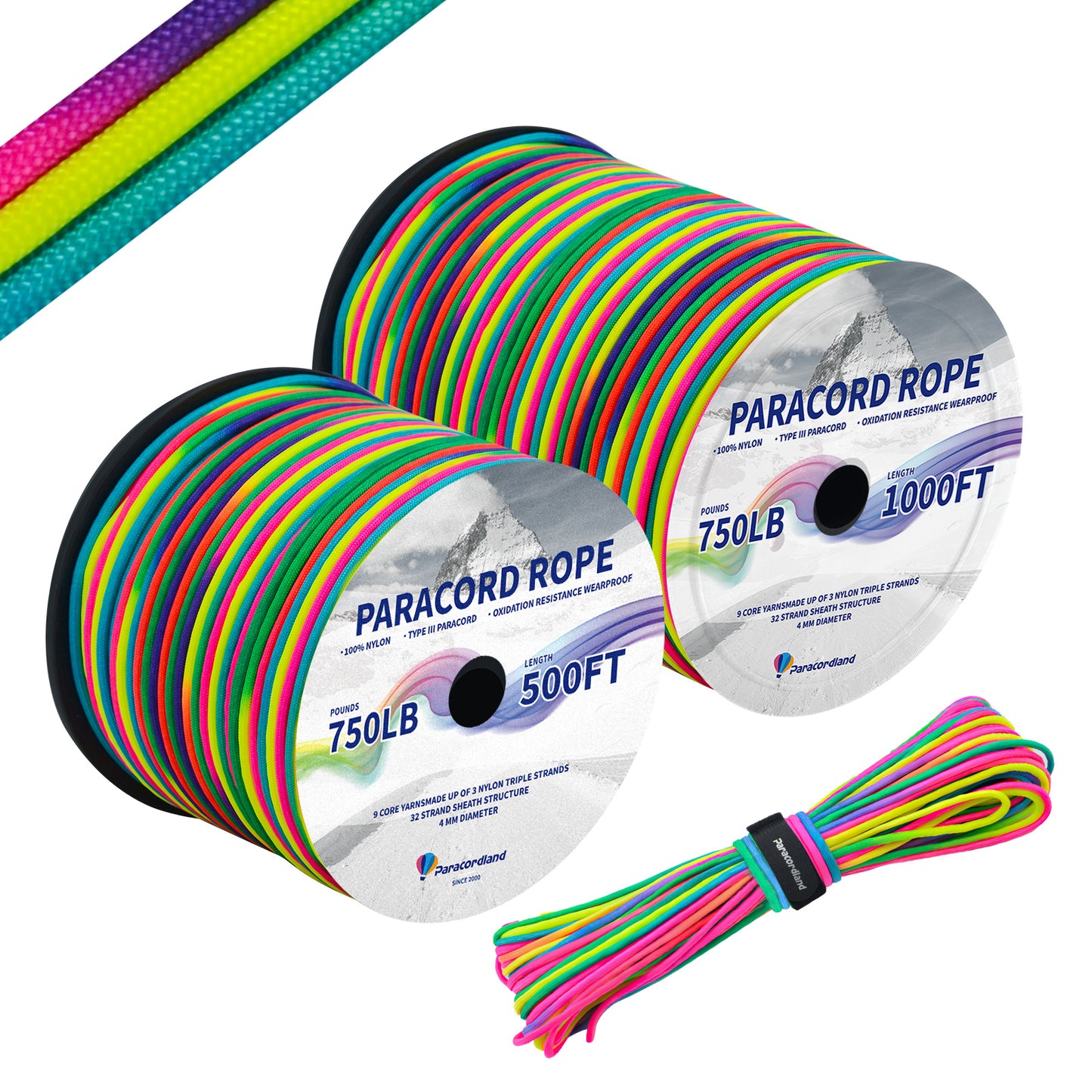 Paracordland-750LB Reflective Rope 4mm – Available in 100ft/500ft/1000ft Lengths – 9-Strand Parachute Cord Spool, Heavy-Duty Survival Rope for Outdoor Gear, Bracelet Making, Camping, Hiking & Fishing