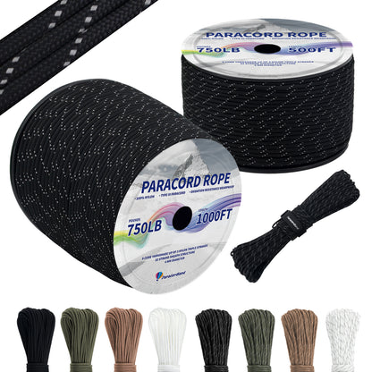 Paracordland-750LB Reflective Rope 4mm – Available in 100ft/500ft/1000ft Lengths – 9-Strand Parachute Cord Spool, Heavy-Duty Survival Rope for Outdoor Gear, Bracelet Making, Camping, Hiking & Fishing