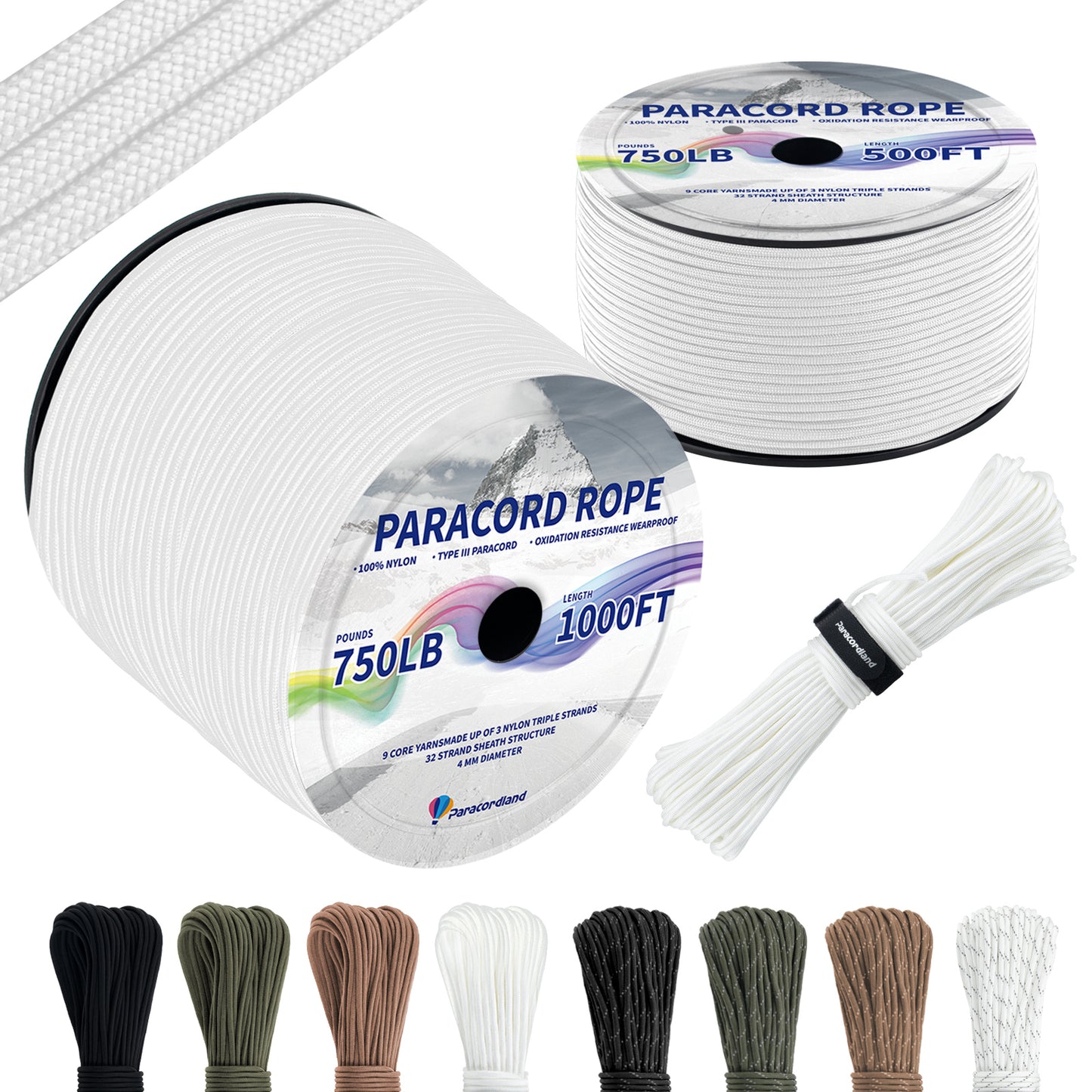 Paracordland-750LB Reflective Rope 4mm – Available in 100ft/500ft/1000ft Lengths – 9-Strand Parachute Cord Spool, Heavy-Duty Survival Rope for Outdoor Gear, Bracelet Making, Camping, Hiking & Fishing