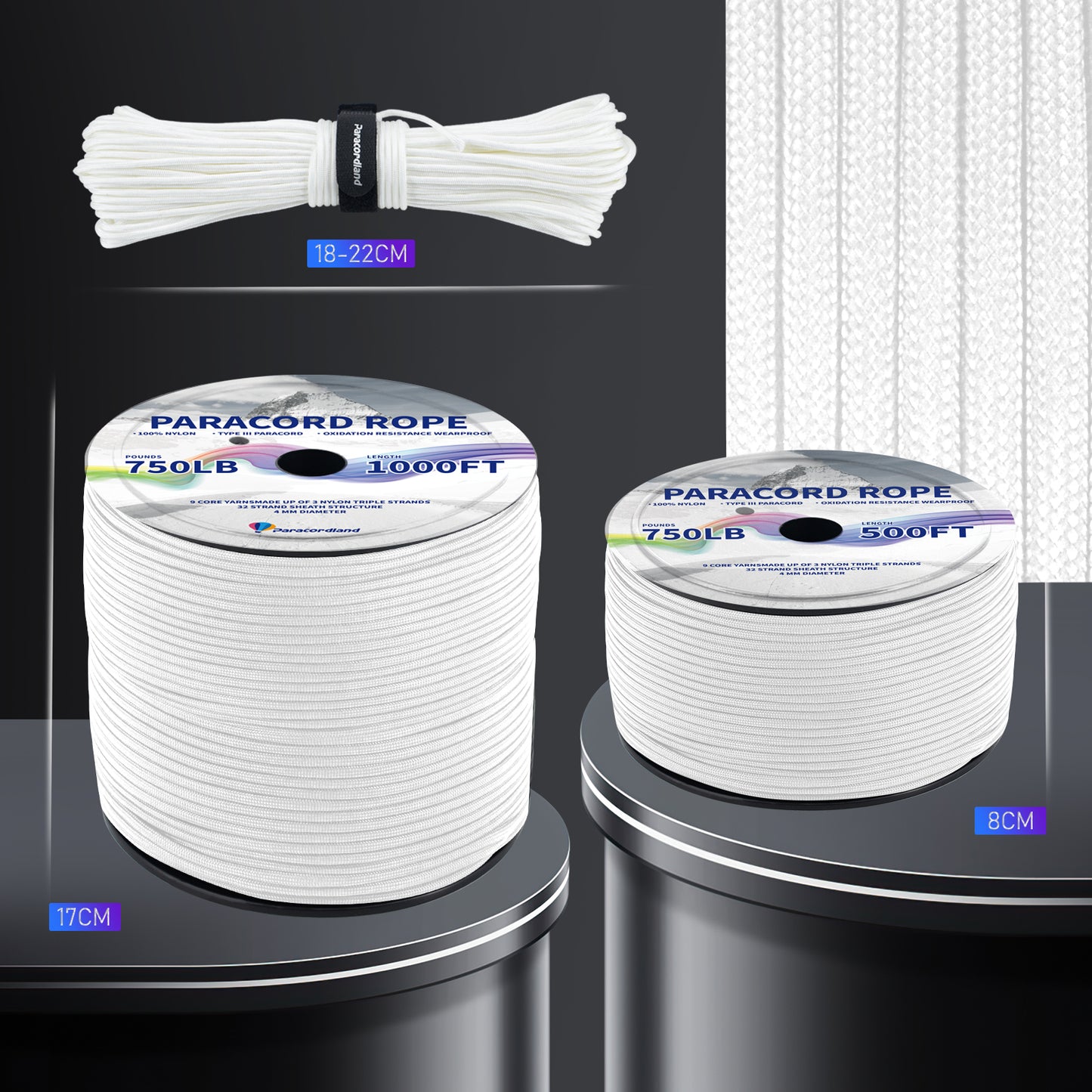 Paracordland-750LB Reflective Rope 4mm – Available in 100ft/500ft/1000ft Lengths – 9-Strand Parachute Cord Spool, Heavy-Duty Survival Rope for Outdoor Gear, Bracelet Making, Camping, Hiking & Fishing